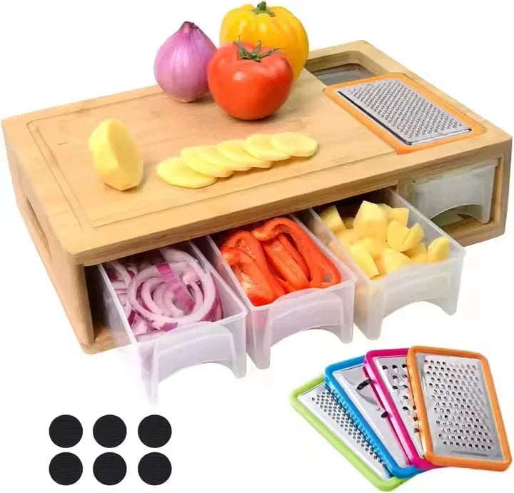 Planche à découper en bambou avec 4 bacs de rangement – dimensions