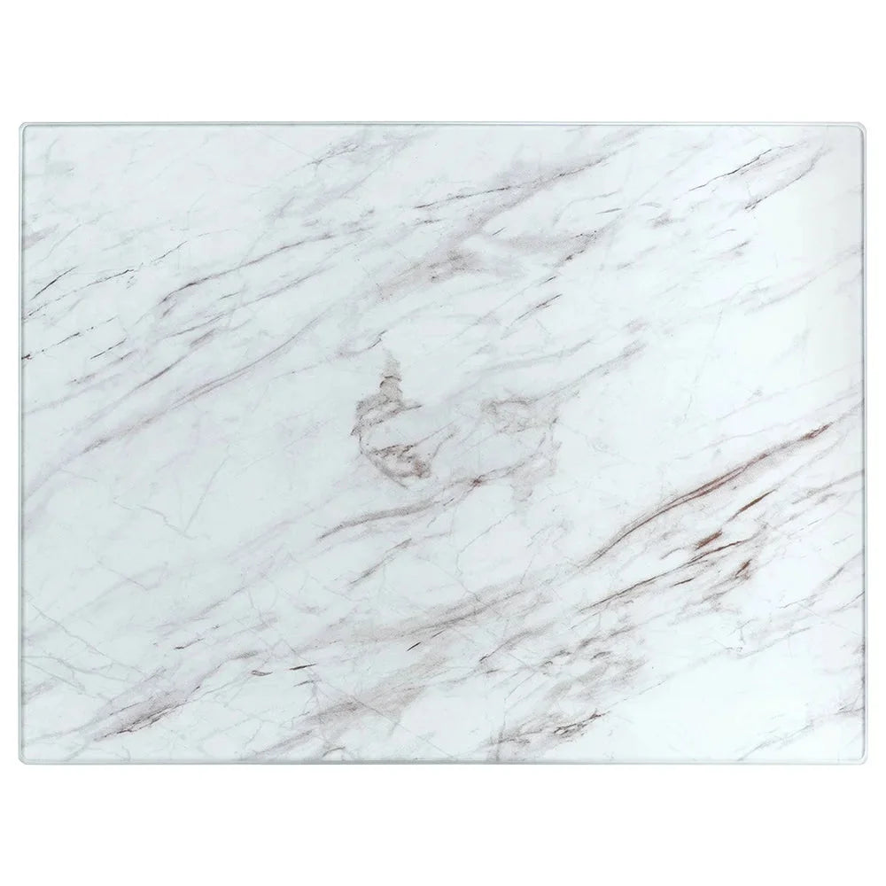 Planche à découper en verre blanc effet marbre – vue de côté