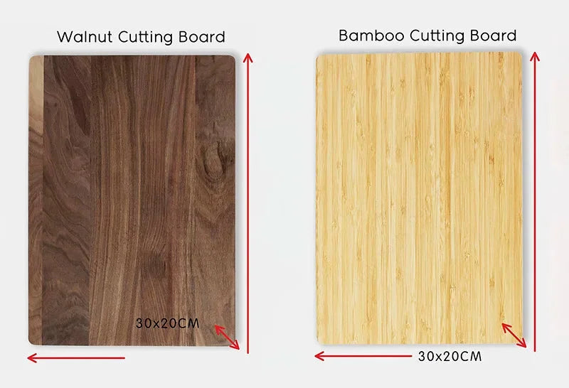 Planche à découper personnalisable pour couple, comparatif noyer et bambou, 30x20 cm
