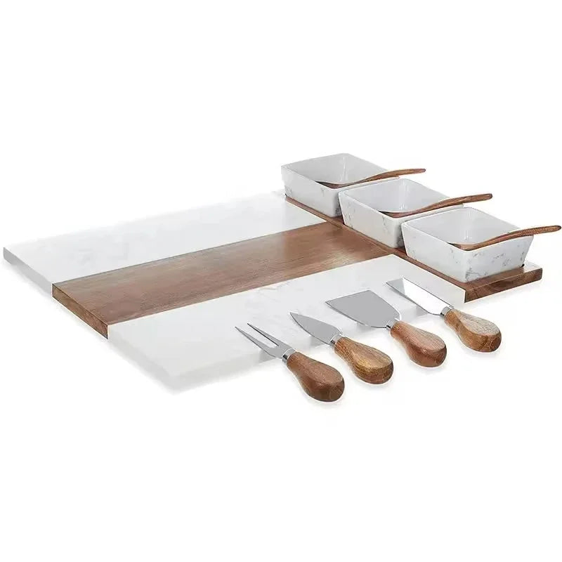 Set 11 pièces plateau en acacia et marbre avec couteaux et bols