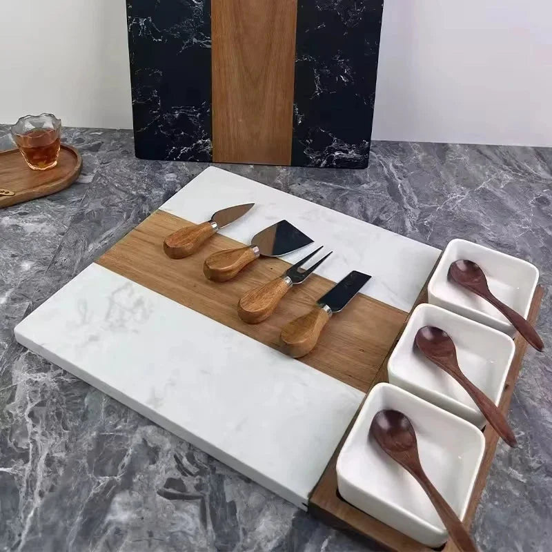 Set 11 pièces plateau en acacia et marbre avec couteaux et bols – vue de dessus