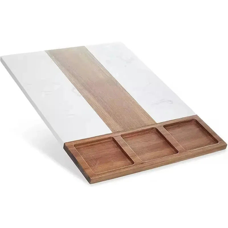 Set 11 pièces plateau en acacia et marbre avec couteaux et bols – détail matière