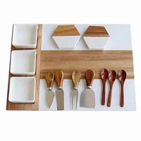 Set 11 pièces plateau en acacia et marbre avec couteaux et bols – dimensions